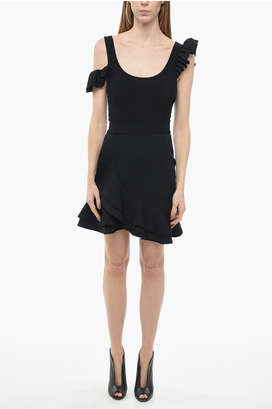 Alexander Mcqueen Knitted Mini Dress With Ruffles In Black