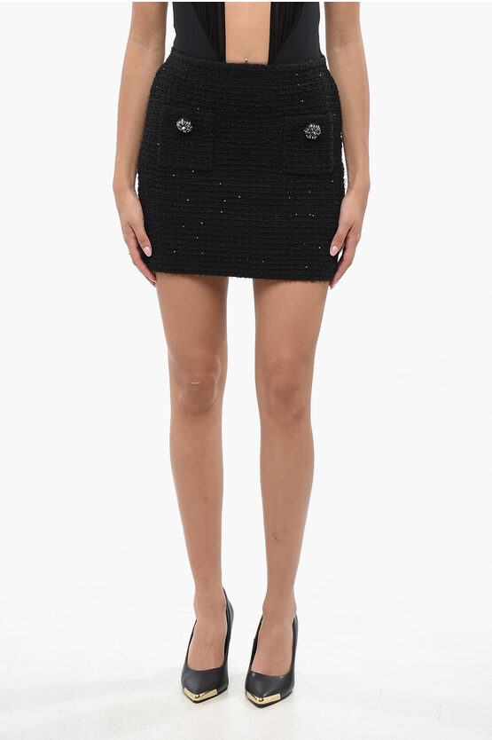 Self-portrait Knitted Miniskirt With Jewels Buttons In Black