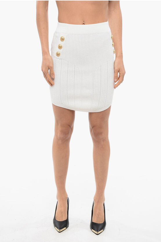 Balmain Knitted Miniskirt With Logoed Buttons In White