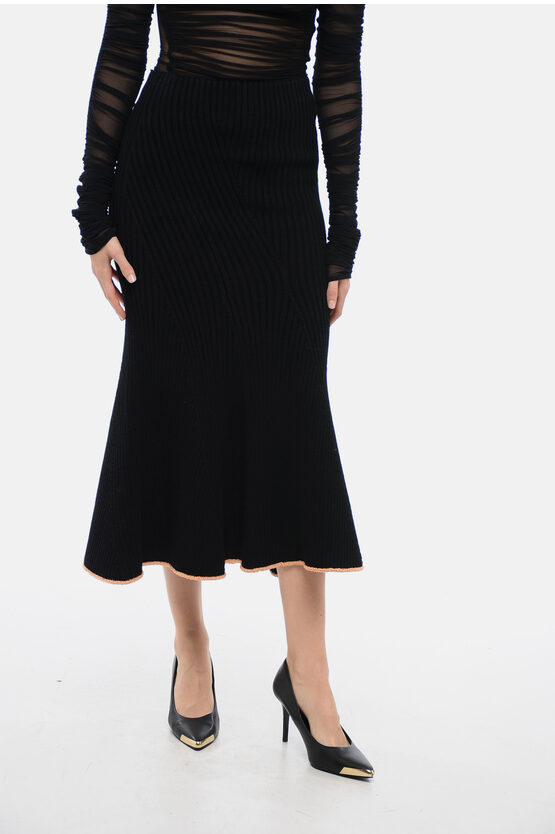 Shop Moncler Knitted Ribbed Skirt With Contrasting Trims