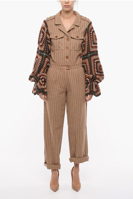 Tu Lizé Knitted Sleeves Pinstriped Jumpsuit In Multi