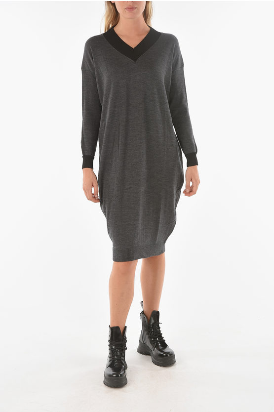 Ixos Knitted Swaps Midi Dress With V Neckline In Gray