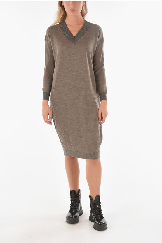 Ixos Knitted Swaps Midi Dress With V Neckline In Brown