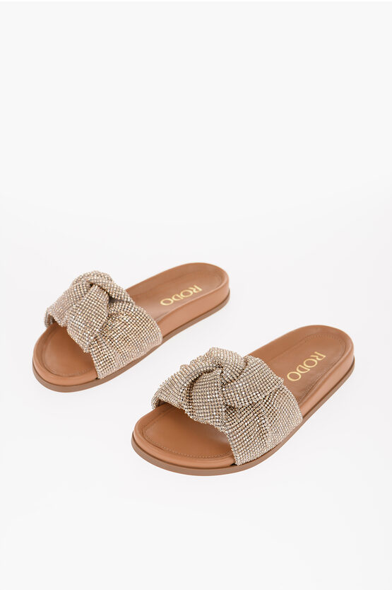 Rodo Knotted Design Rhinestoned Sliders In Brown