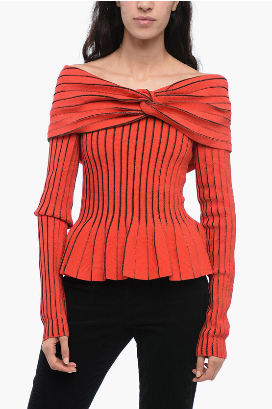 Balmain Knotted Detail Off-shoulder Sweater In Orange