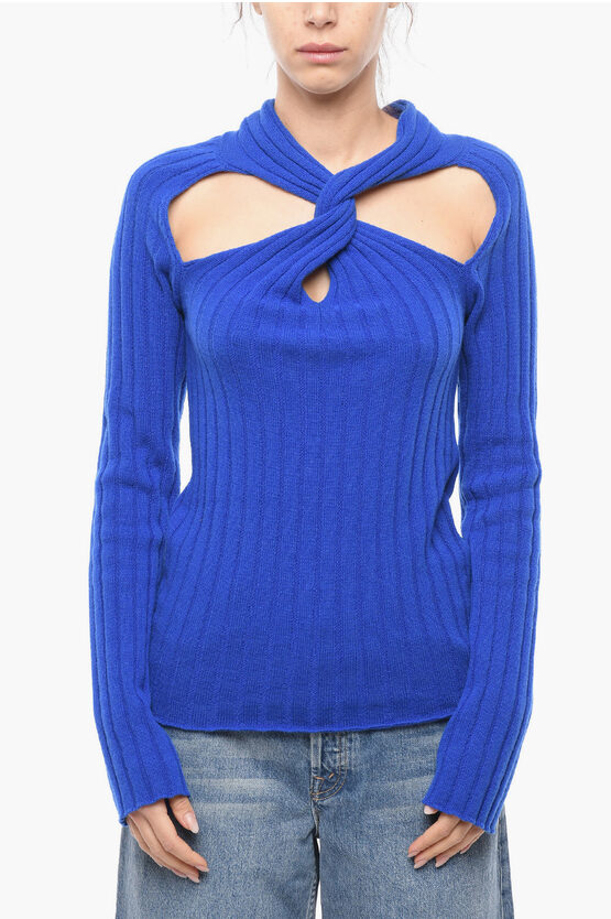 Versace Knotted Ribbed Pullover With Cut-out In Blue