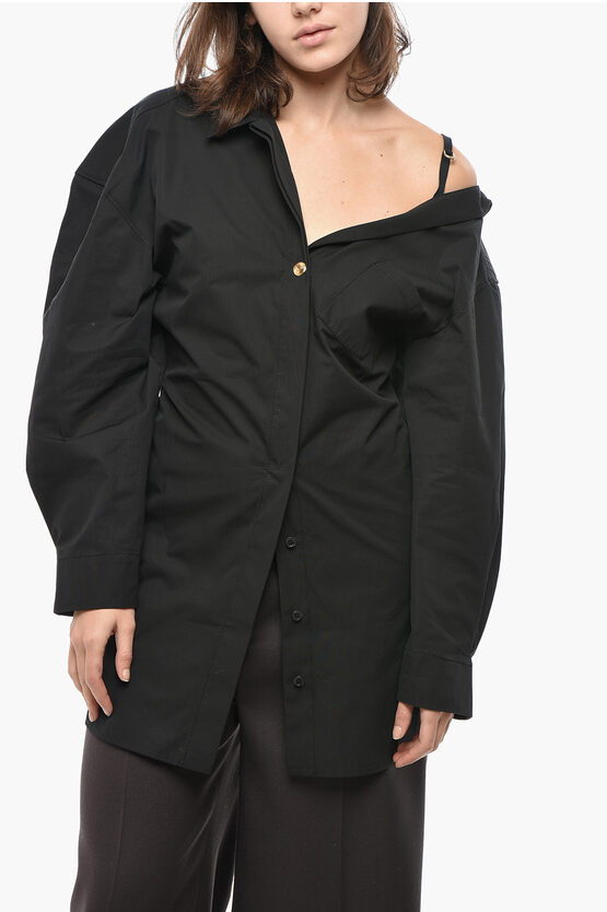Jacquemus La Casa Cotton Shirt Dress With Cold Shoulder In Black