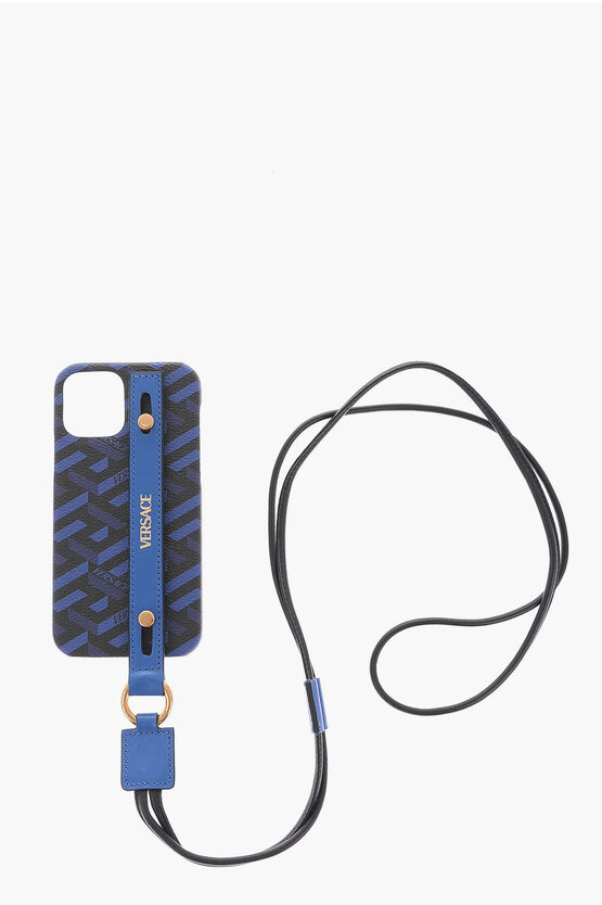 Versace La Greca Motif 12 /12 Pro Iphone Neck Case In Blue