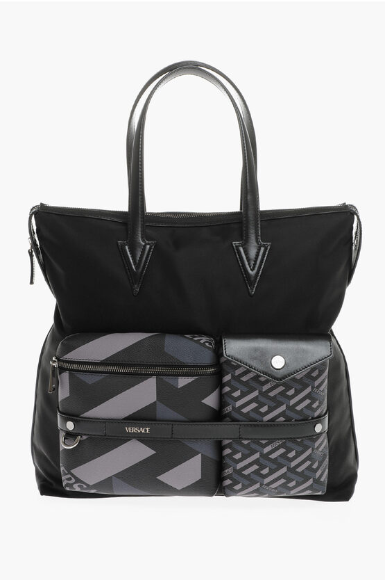 Versace La Greca Patterned Handbag With Leather Detailing In Black