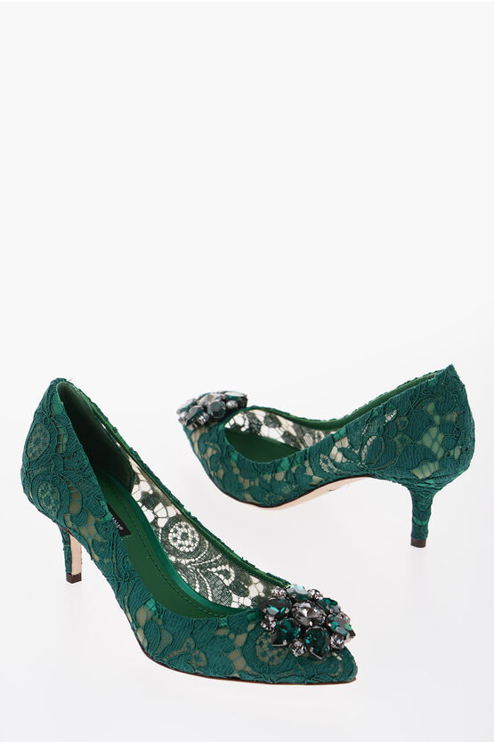 Dolce & Gabbana Lace Pumps With Jewel Detail Heel 7 Cm In Green