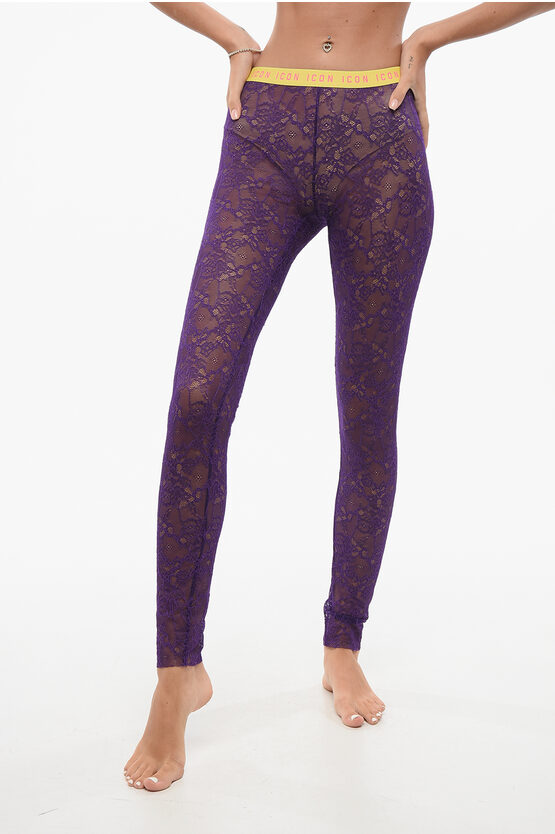 Dsquared2 Lace Tights With Logo Elastic Waistband In Purple