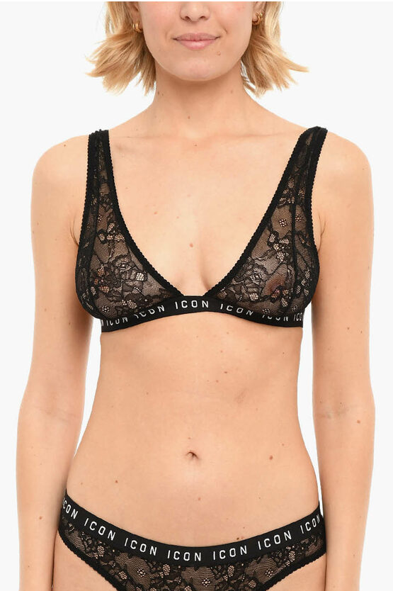 Dsquared2 Lace Triangle Bra With Logoed Elastic In Black