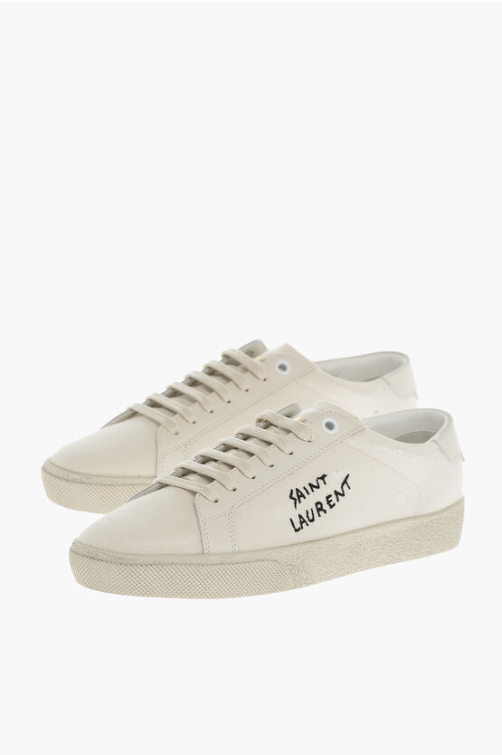 Shop Saint Laurent Lace-up Canvas Sneakers With Embroidered Logo