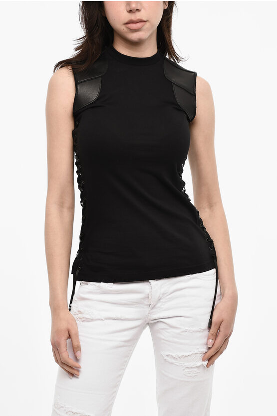 Dsquared2 Lace Up Cotton Top With Faux Leather Details