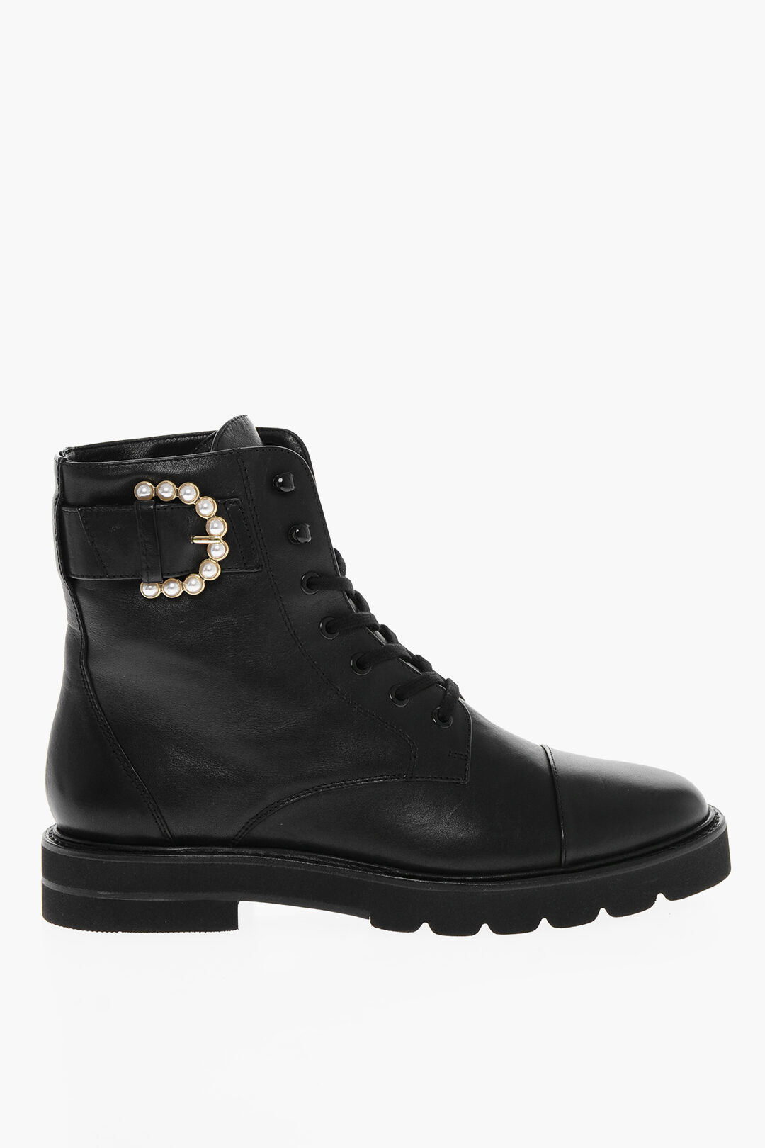 Lace up PIPER LIFT Leather Combat Booties with Pearl Buckle