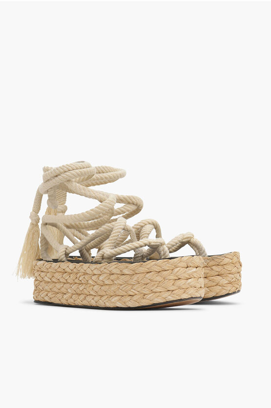 Isabel Marant Lace-up Sandals With Raffia Wedge 7cm In Black