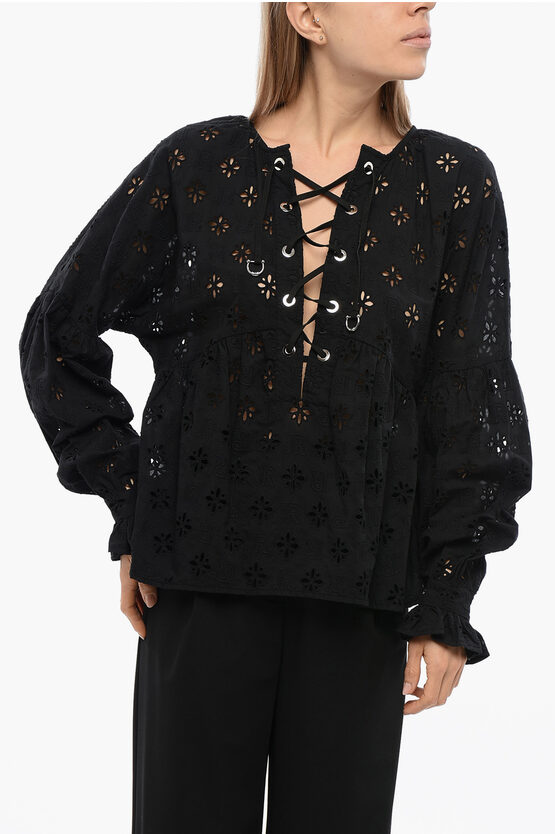 John Richmond Lace-up Sbertoli Blouse With Broderie Anglaise