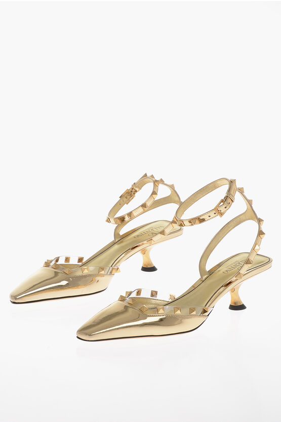 Valentino Garavani Lamè Patent Leather Sandals With Studded Strap 5cm In Gold