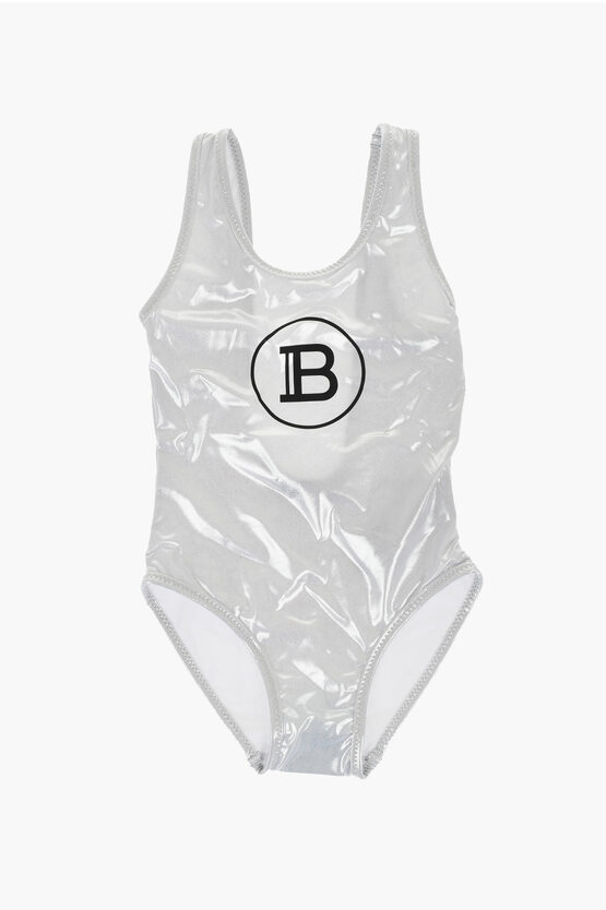 Balmain Lamé Effect One-piece Swimsuit With Logo Print In Gray