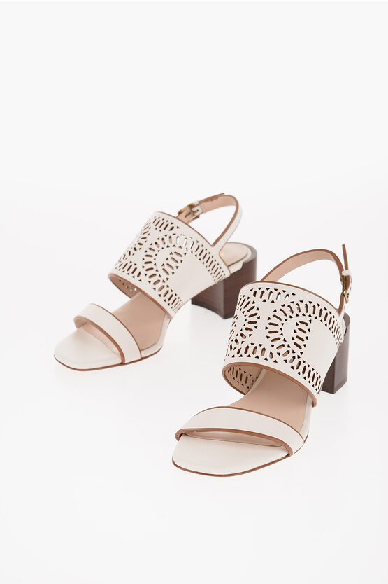 Tod's Laser Cut Leather Sandals With Wooden Heel 5,5cm In White