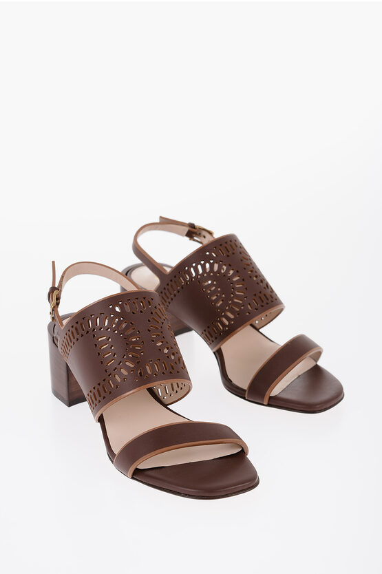 Tod's Laser Cut Leather Sandals With Wooden Heel 5,5cm In Multi