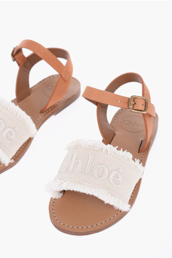 Chloé Leather And Cotton Sandals With Fringes In White
