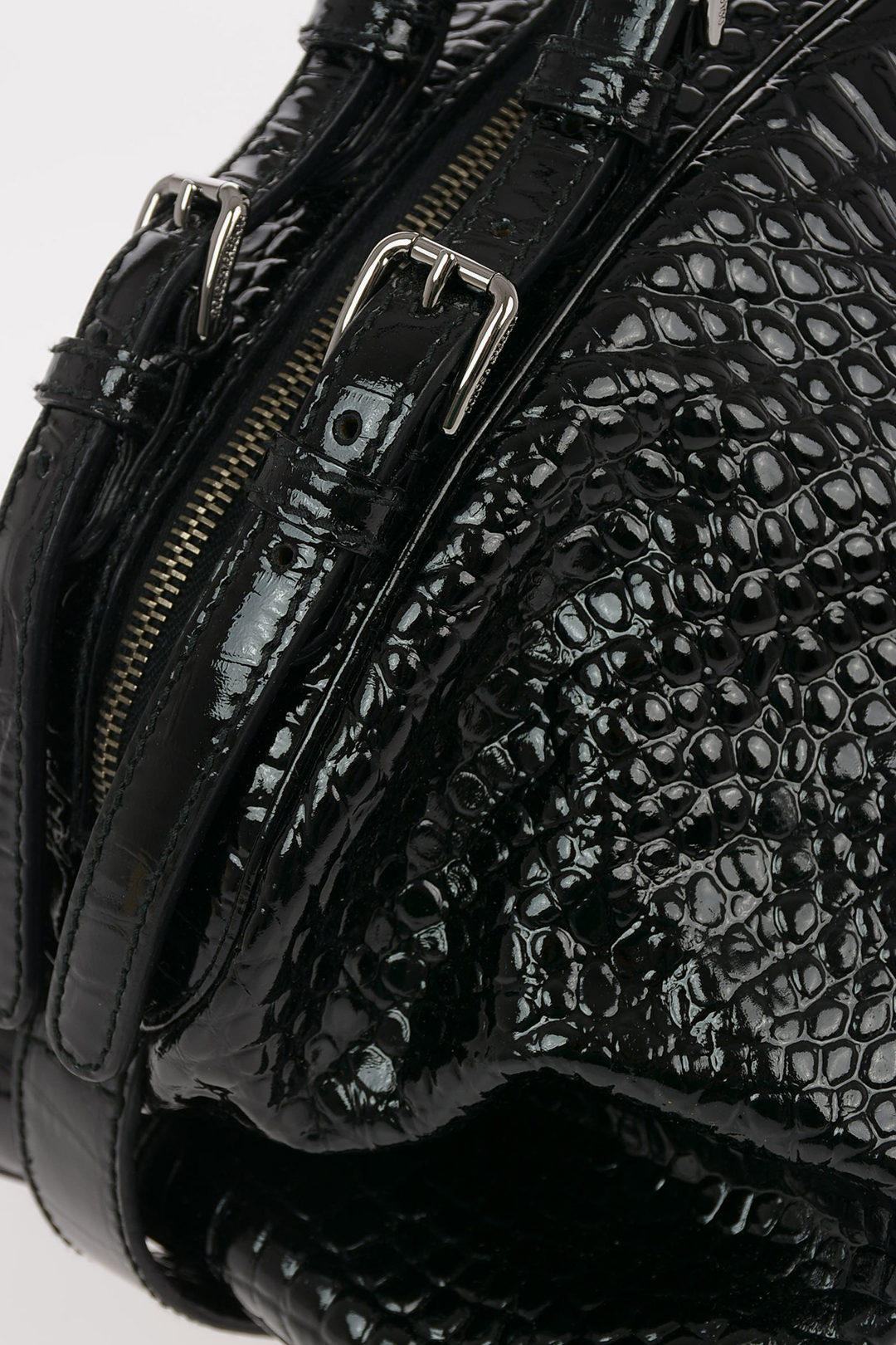 Crocodile-print leather bowling bag, black