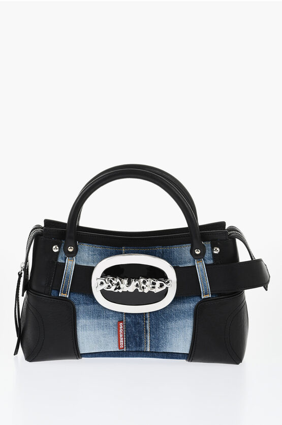 Dsquared2 Leather And Denim Handbag With Maxi Metal Buckle