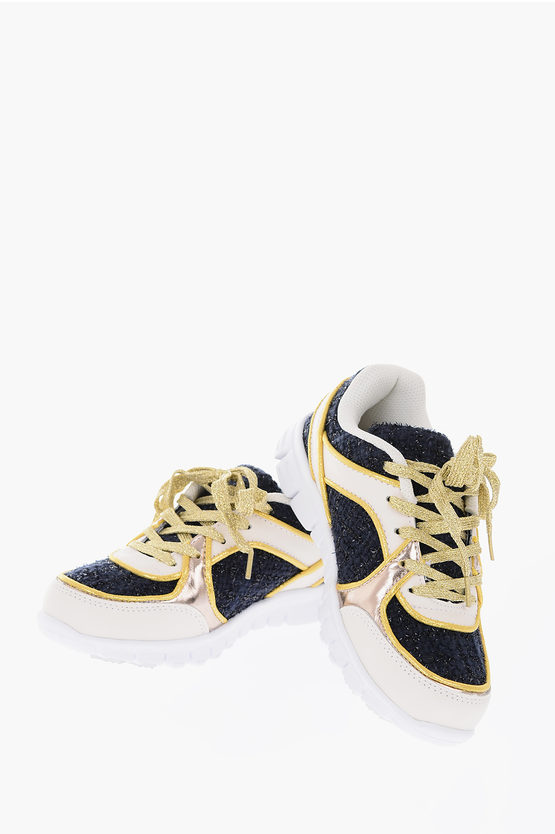 Monnalisa Leather And Fabric Sneakers With Lurex Laces In Multi