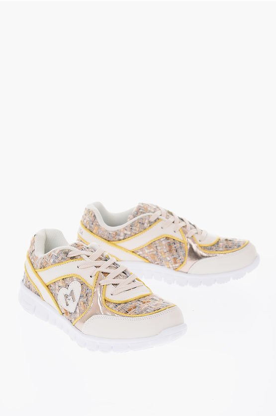 Monnalisa Leather And Fabric Trainers With Rubber Track Sole In White
