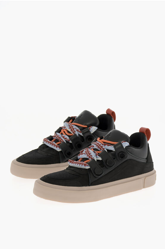 MARCELO BURLON COUNTY OF MILAN LEATHER AND FABRIC TICINELLA LOW TOP SNEAKERS WITH MAXI STRI