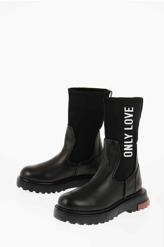 Moschino Leather And Neoprene Booties With Maxi Lettering In White