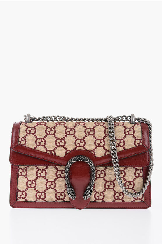 Gucci Leather And Raffia Dionysus Shoulder Bag With All-over Monog In Red
