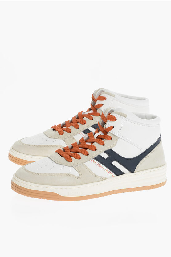 Hogan Leather And Suede Basker High-top Sneakers With Contrasting In White