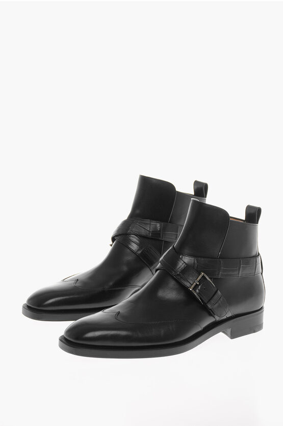 Shop Testoni Leather Ankle Boots With Crocodile-leather Straps