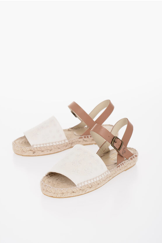 Bonpoint Leather Ankle Strap Sandals With Rafia Sole In White