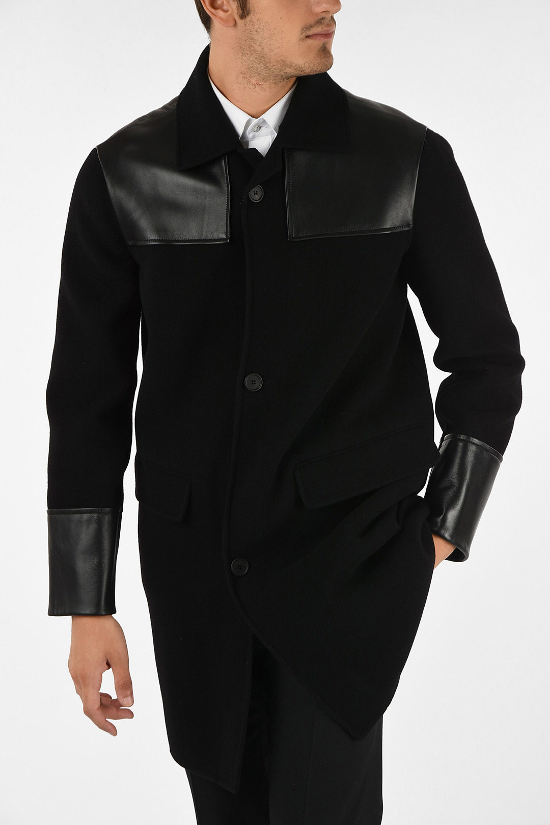 Bottega Veneta leather applications balmacaan coat men - Glamood Outlet