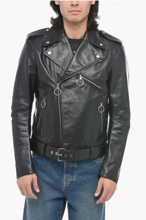 Shop Off-white Leather Arrow Biker Jacket With Rear Graphic Print