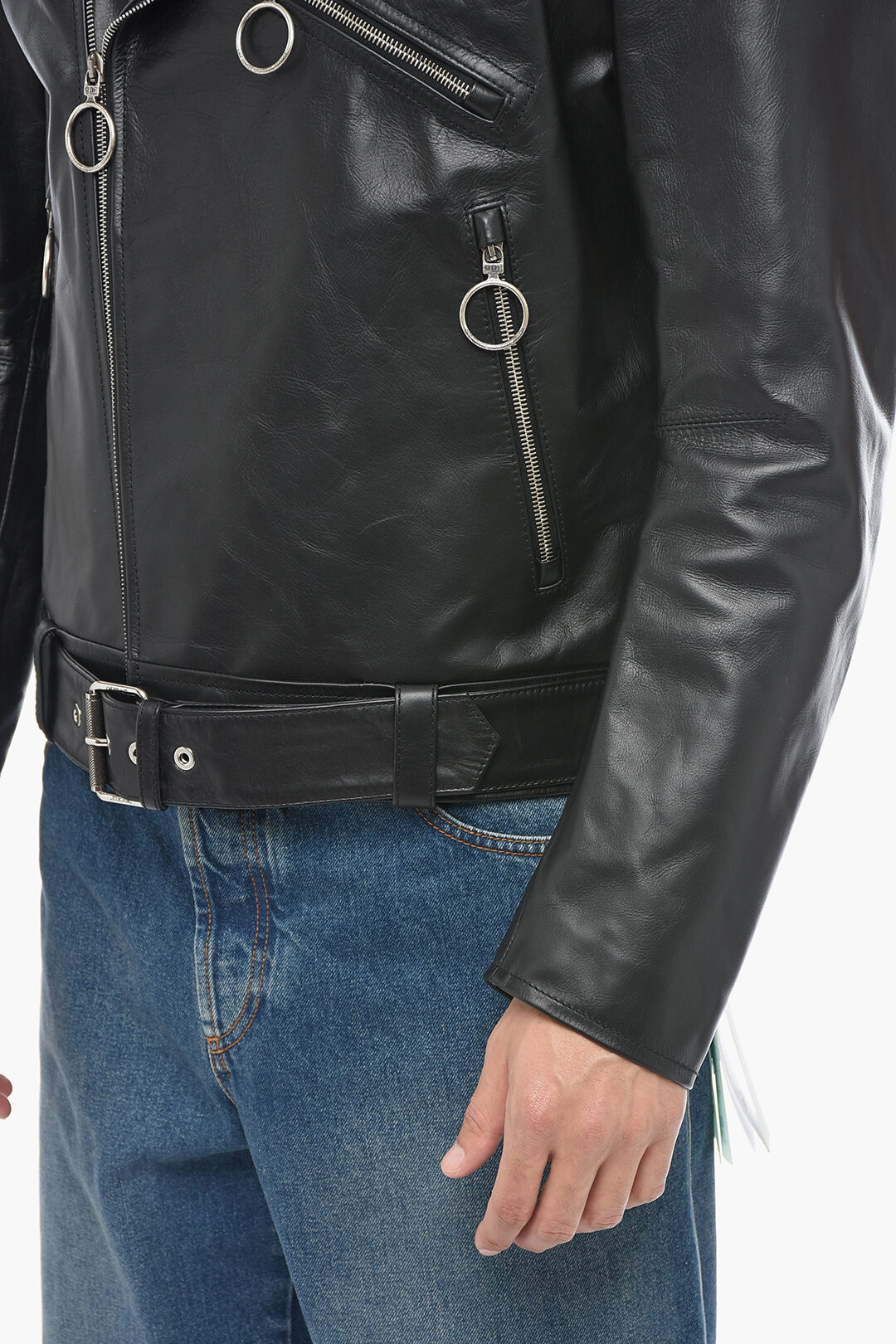 Off-White Leather ARROW Biker Jacket with Rear Graphic Print men