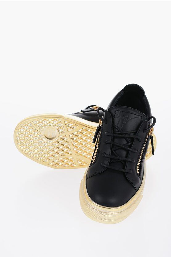 Shop Giuseppe Zanotti Leather Augus Low-top Sneakers With Golden Effect Sole