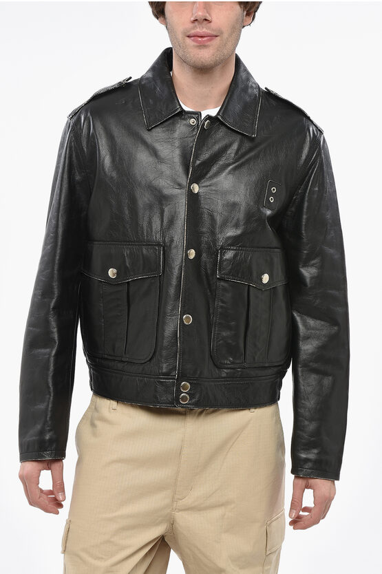 Dsquared2 Leather Aviator Leather Jacket With Snap Buttons And Patch P In Multi