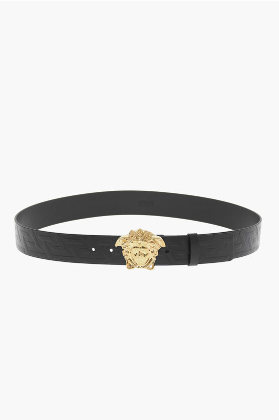 Shop Versace Leather Belt With Golden Buckle 40mm