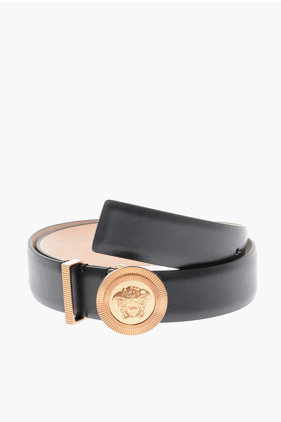 Shop Versace Leather Belt With Golden-effect Logo 30mm