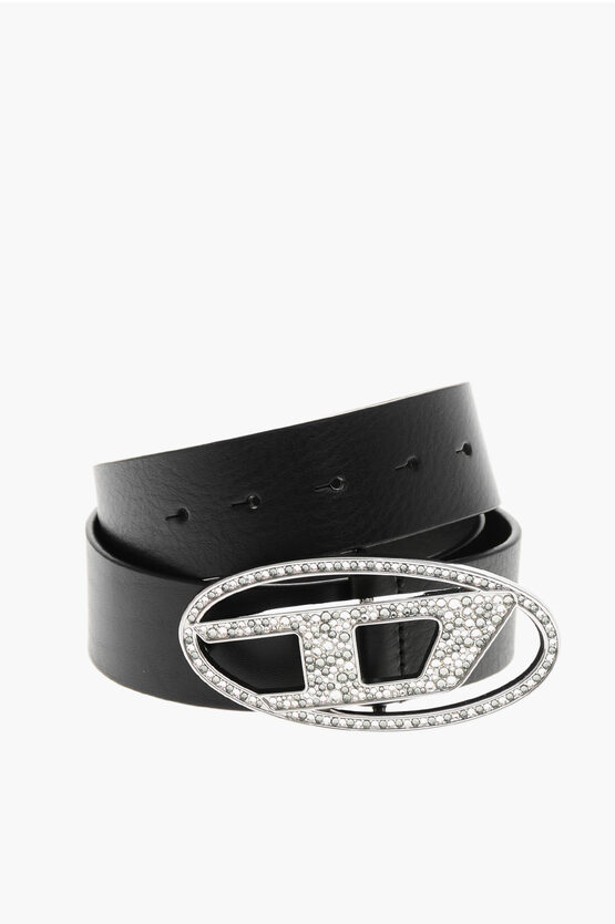 Diesel Leather Belt With Rhinestoned Logoed Buckle 40mm