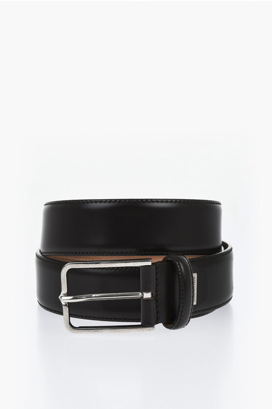Corneliani Leather Belt With Silver-tone Metal Logo 35mm In Black