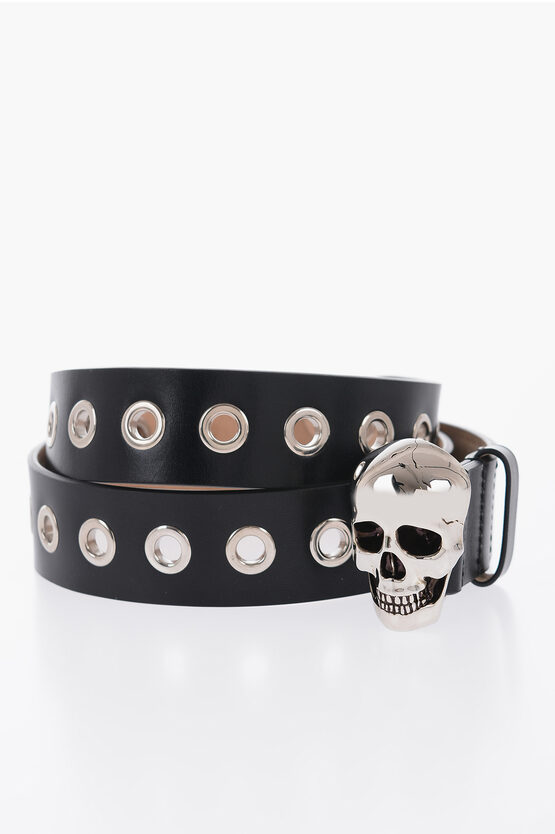 Alexander Mcqueen Leather Belt With Skull-shaped Buckle 35mm In Black