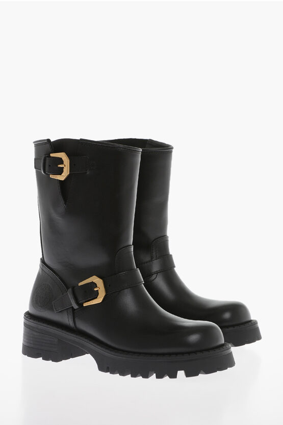 Shop Versace Leather Biker Booties With Brass Buckles