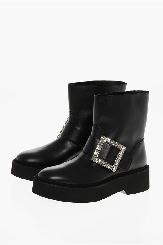 Roger Vivier Leather Biker Booties With Jeweled Buckle In Black
