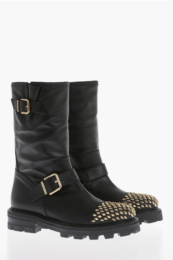 Shop Jimmy Choo Leather Biker Booties With Studded Toe