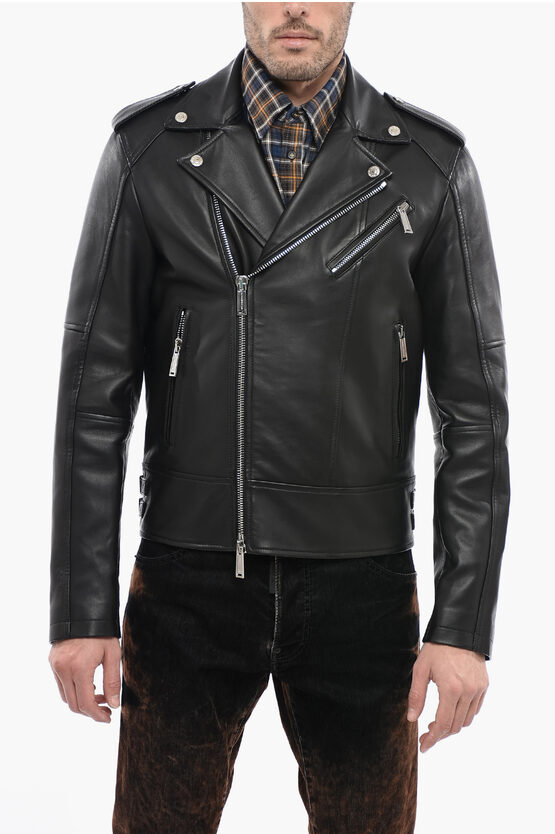 Dsquared2 Leather Biker Jacket Decentralized Zip In Black
